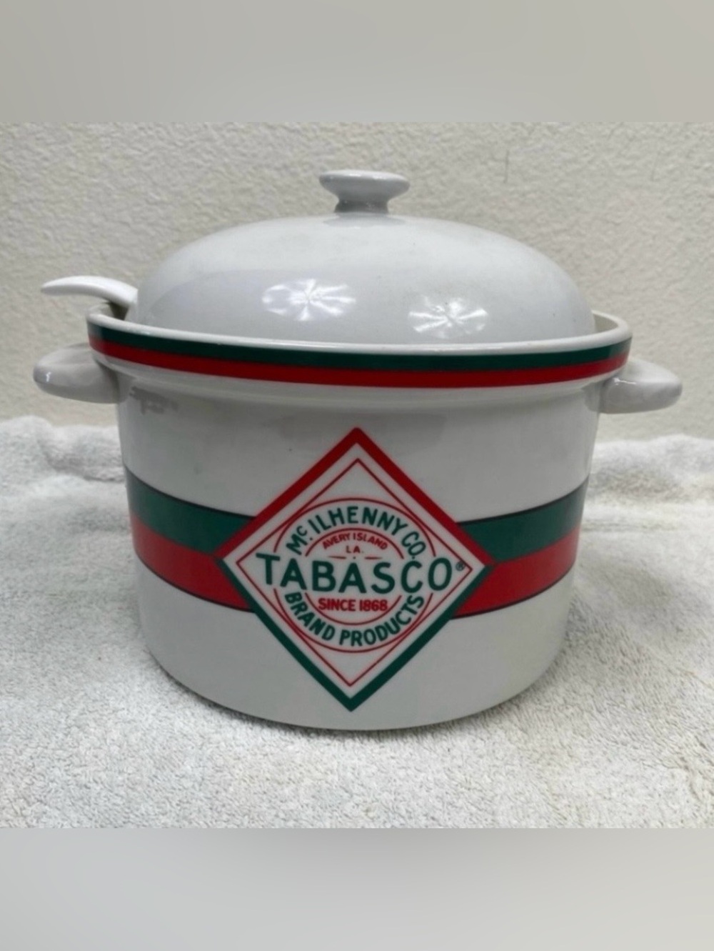 Vintage McIlhenny Co Tabasco Off White Red Green Ceramic Serving Pot With Spoon